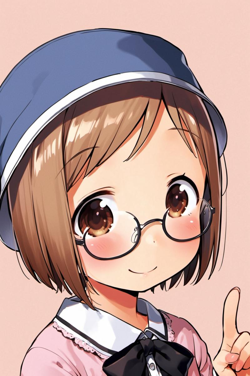 25731-80289944-Matsuri Sakuragi,1girl,glasses,hat,solo,brown hair,brown eyes,short hair,smile,ribbon,blush,_lora_Ichigo Mashimaro_XL_0.8_,.png